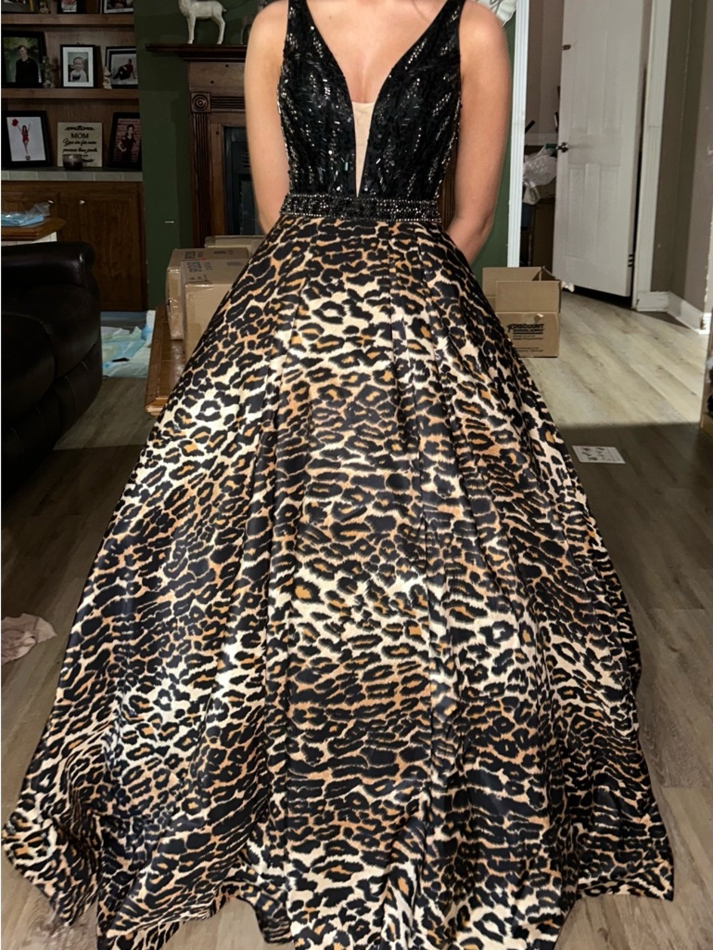 Sherri Hill Black Sequin & Leopard Print Prom Gown